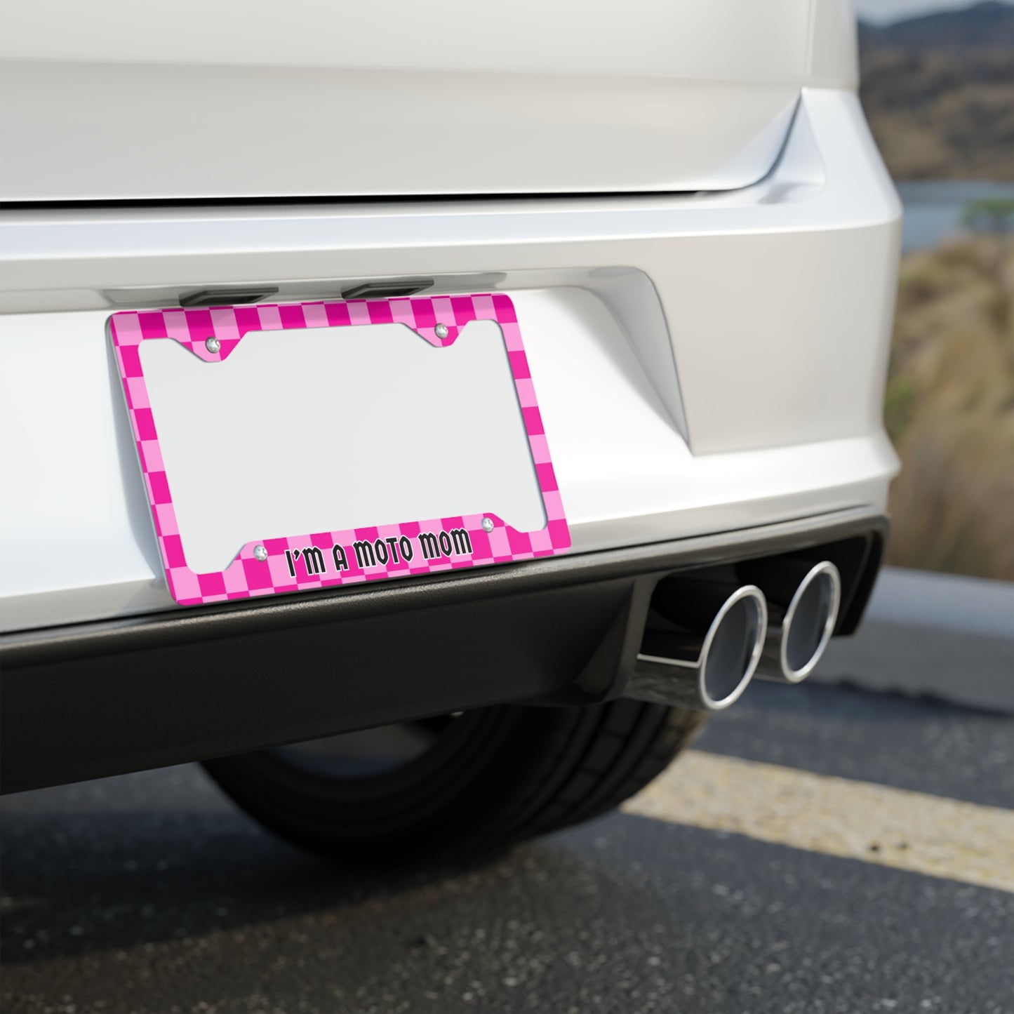Moto Mama Pink Checker License Plate Frame