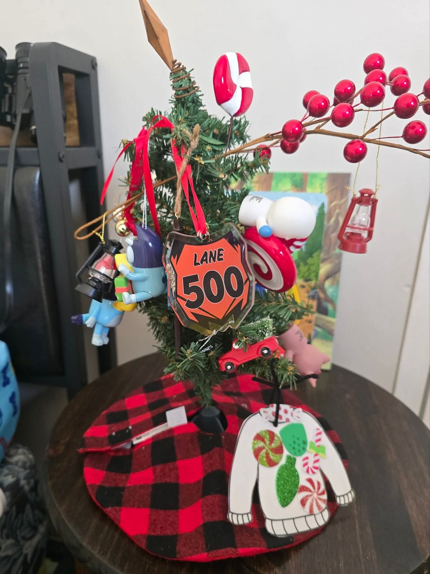 Small Christmas tree with ornaments on 